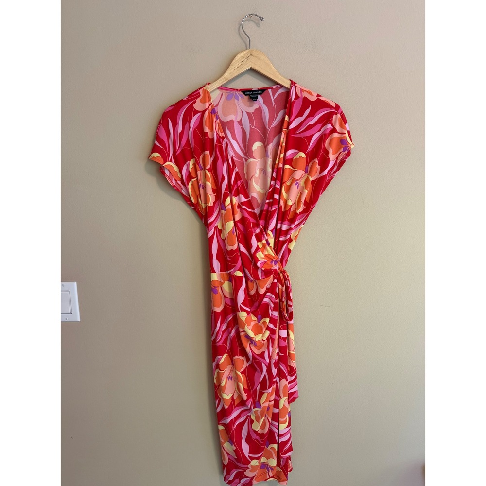 Maggy London Pink Orange Floral Wrap Dress Cap Sleeve V-Neck Size 14